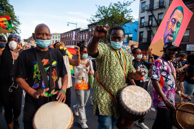 A band plays during a march in Brooklyn on June 19, 2020